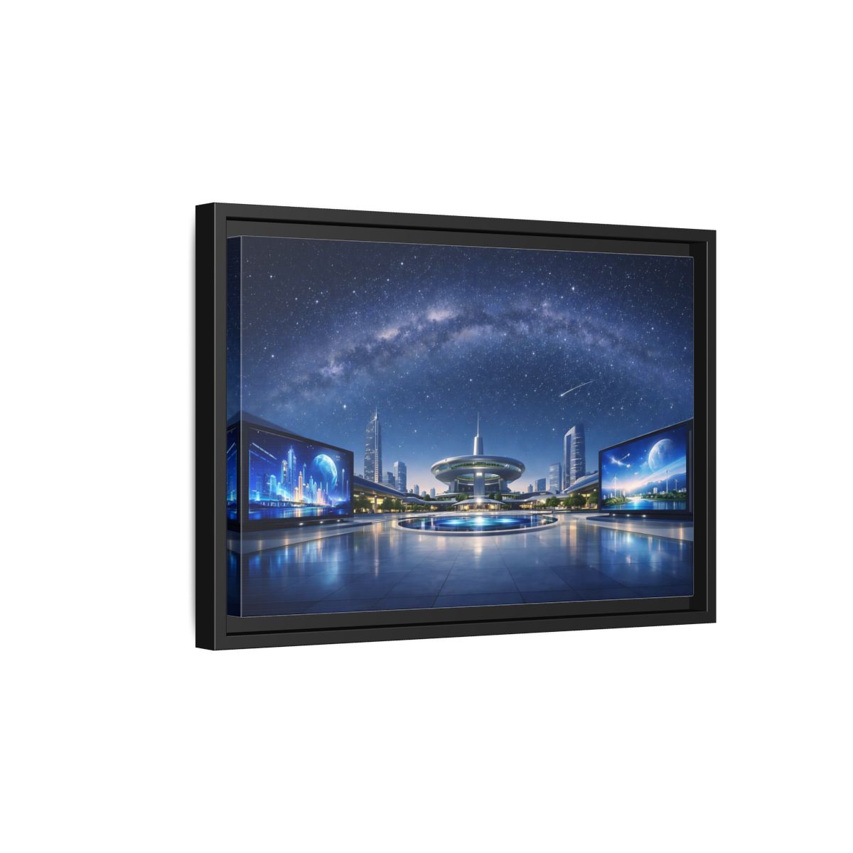 Side Mockup 6. Science Fiction Futuristic City Blue Night Sky shown as stretched canvas wall art
