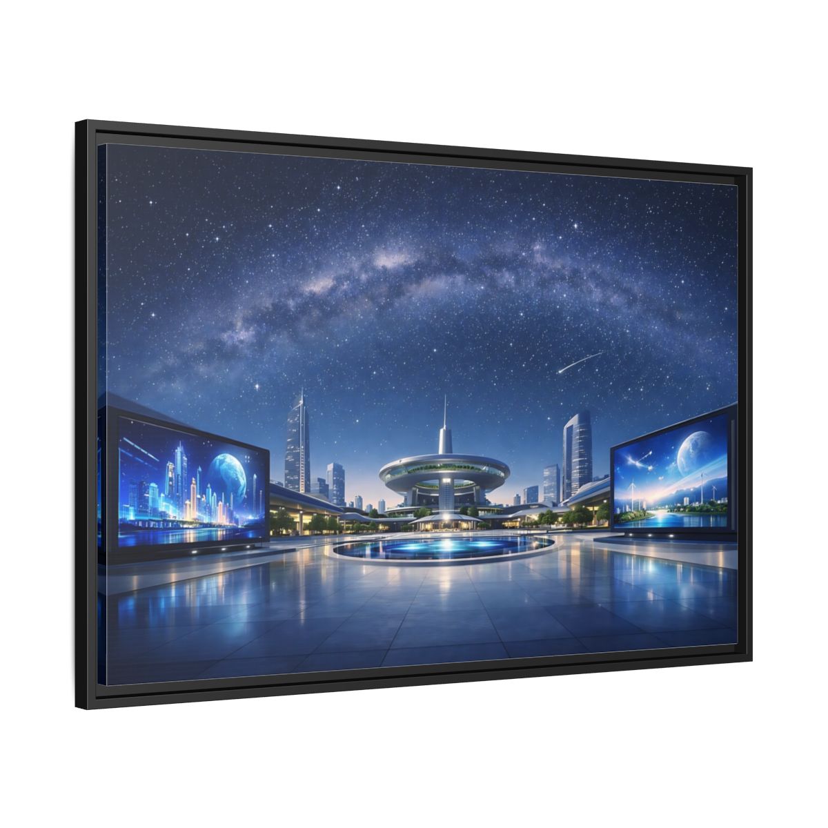 Side Mockup 13. Science Fiction Futuristic City Blue Night Sky shown as stretched canvas wall art