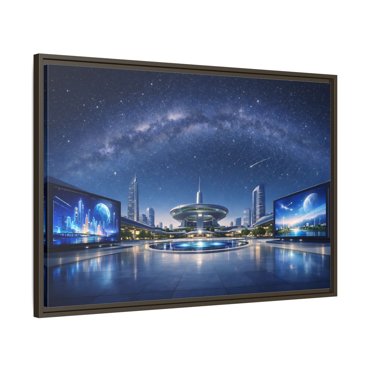Main Mockup. Science Fiction Futuristic City Blue Night Sky shown as stretched canvas wall art