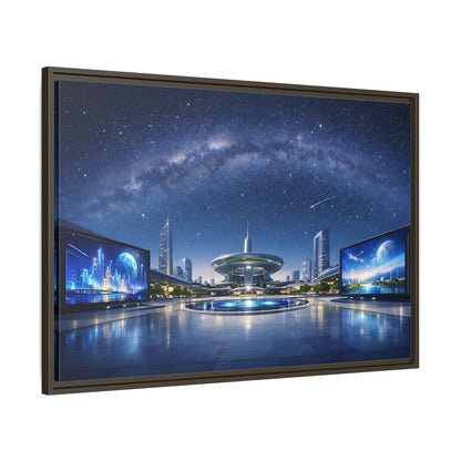 Main Mockup. Science Fiction Futuristic City Blue Night Sky shown as stretched canvas wall art