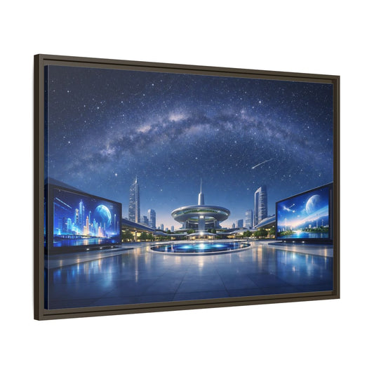 Main Mockup. Science Fiction Futuristic City Blue Night Sky shown as stretched canvas wall art