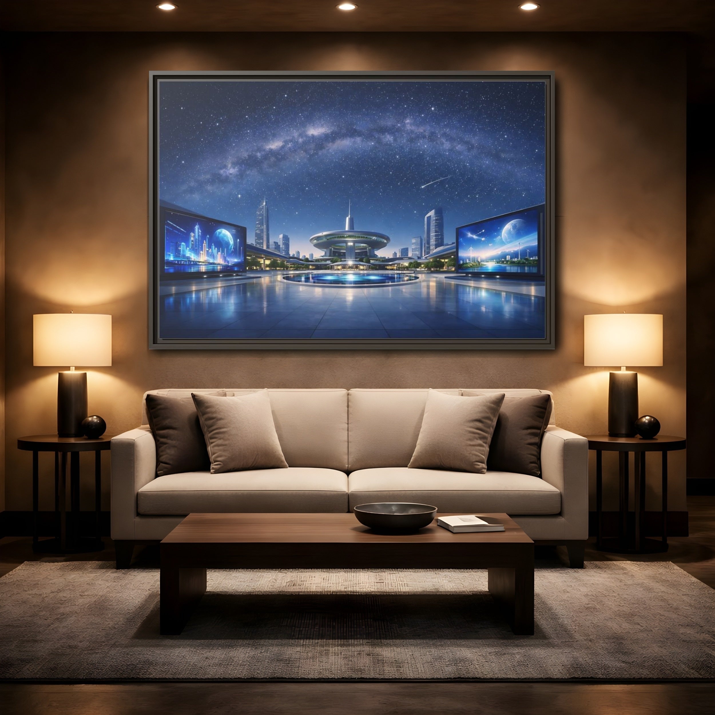 Mockup 2. Science Fiction Futuristic City Blue Night Sky shown as stretched canvas wall art