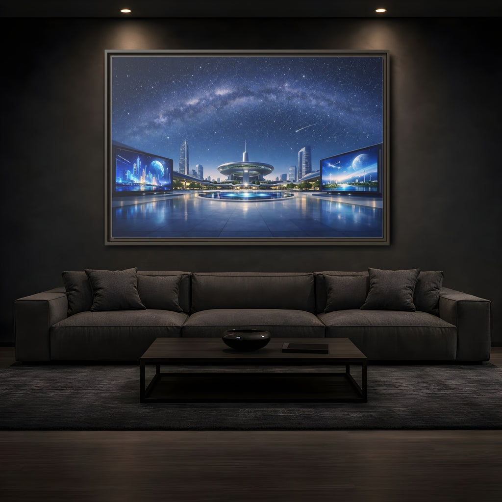 Mockup 3. Science Fiction Futuristic City Blue Night Sky shown as stretched canvas wall art