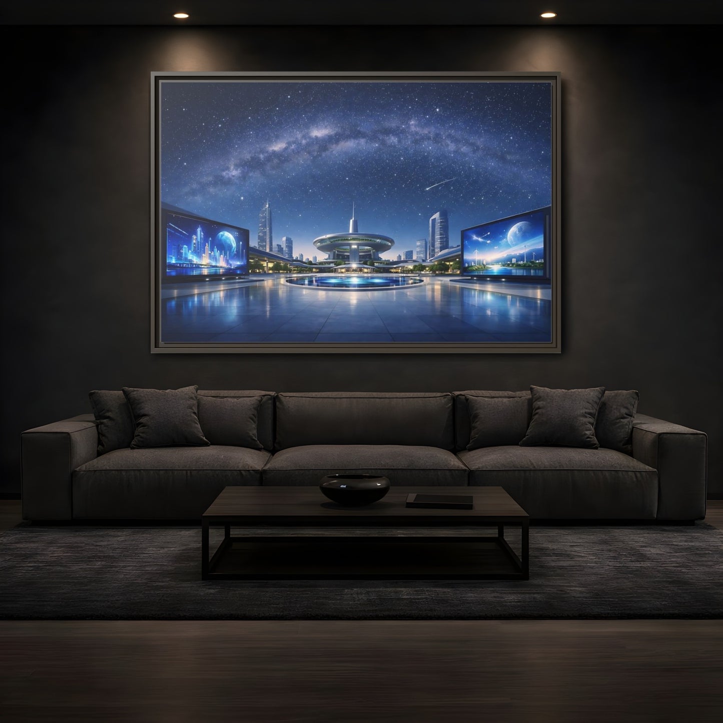 Mockup 3. Science Fiction Futuristic City Blue Night Sky shown as stretched canvas wall art