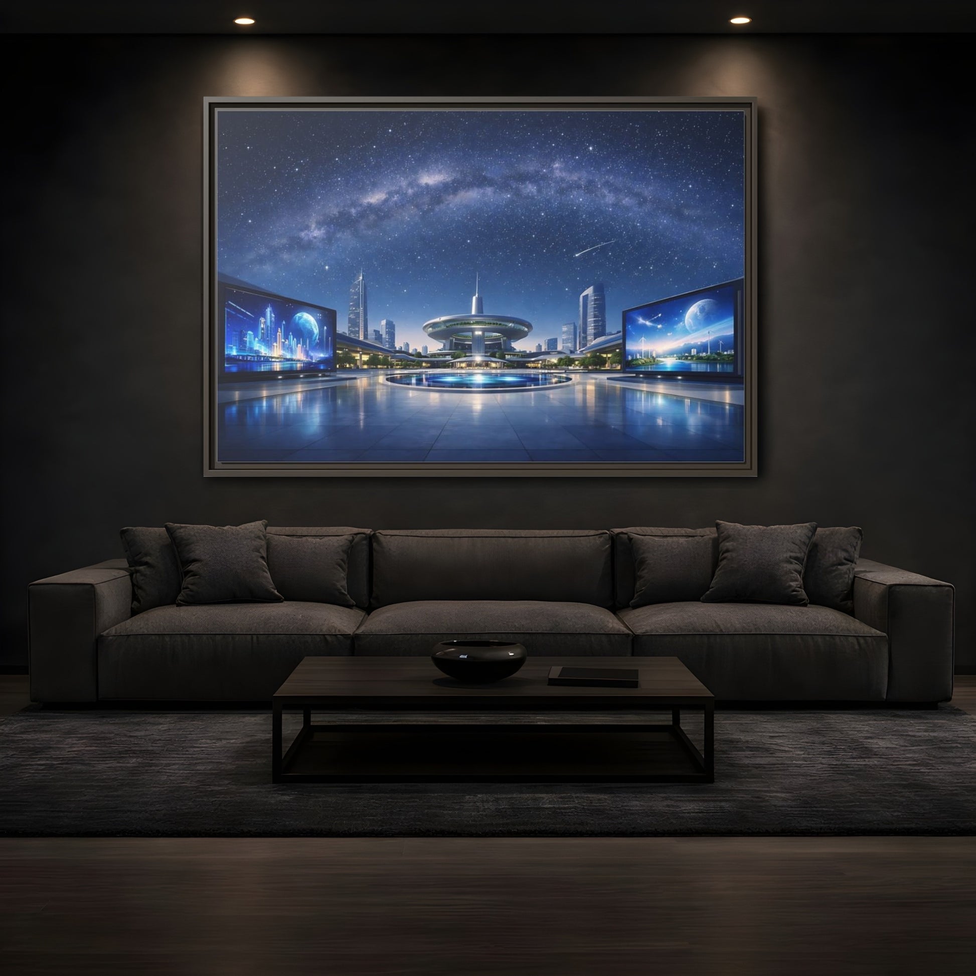 Mockup 3. Science Fiction Futuristic City Blue Night Sky shown as stretched canvas wall art