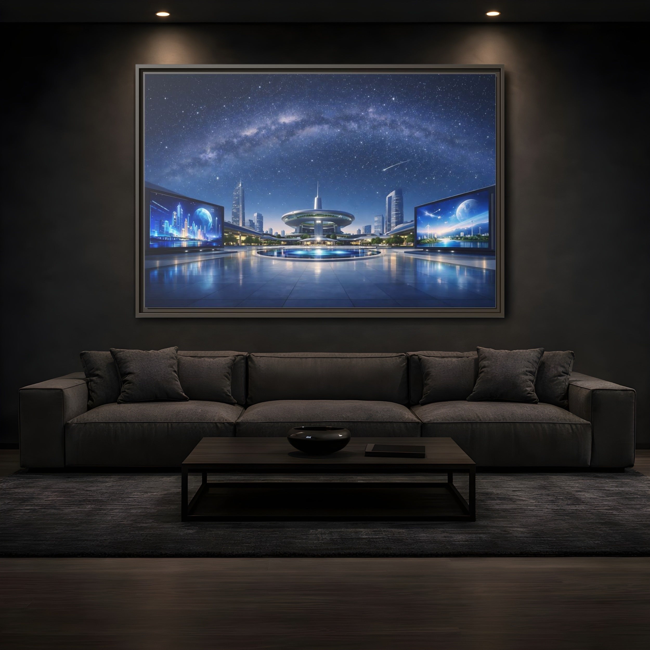 Mockup 3. Science Fiction Futuristic City Blue Night Sky shown as stretched canvas wall art