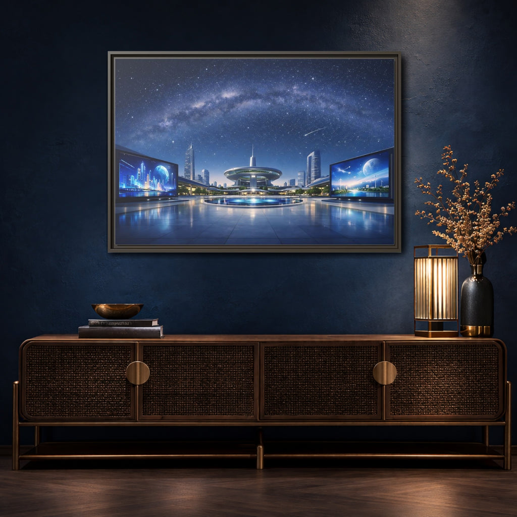 Mockup 4. Science Fiction Futuristic City Blue Night Sky shown as stretched canvas wall art