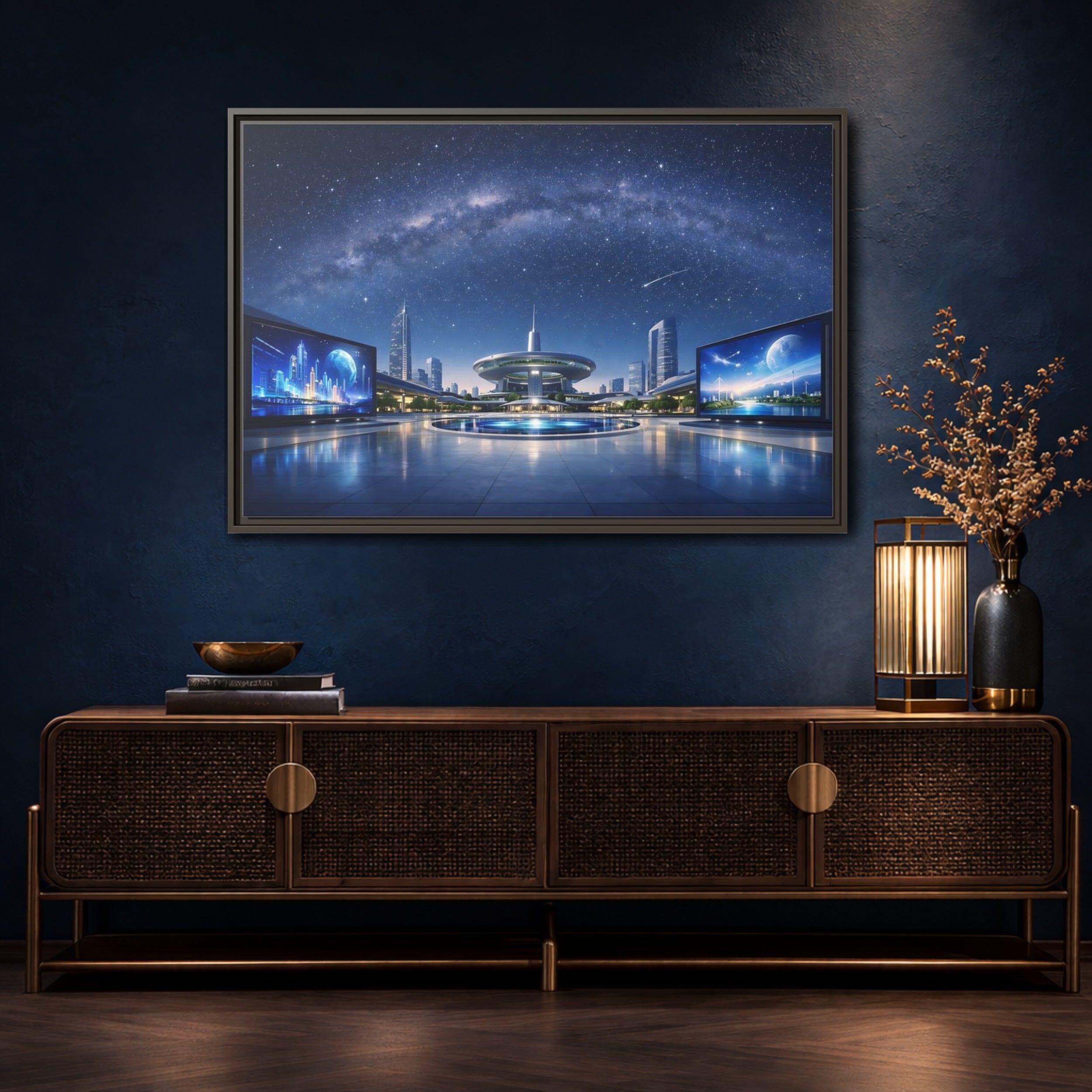 Mockup 4. Science Fiction Futuristic City Blue Night Sky shown as stretched canvas wall art