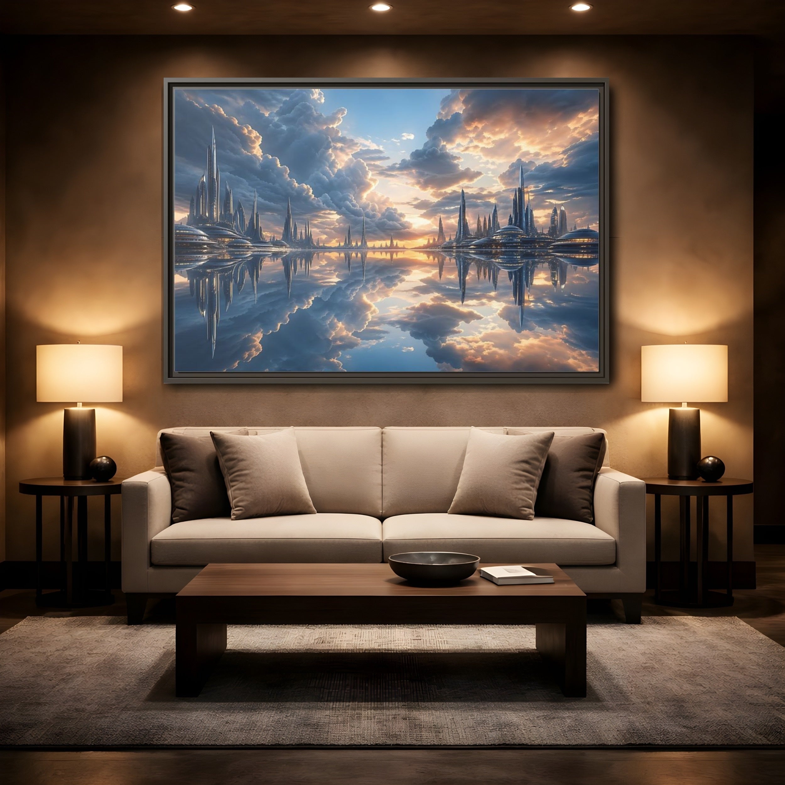 Mockup 2. Science Fiction Futuristic City Futuristic City shown as stretched canvas wall art