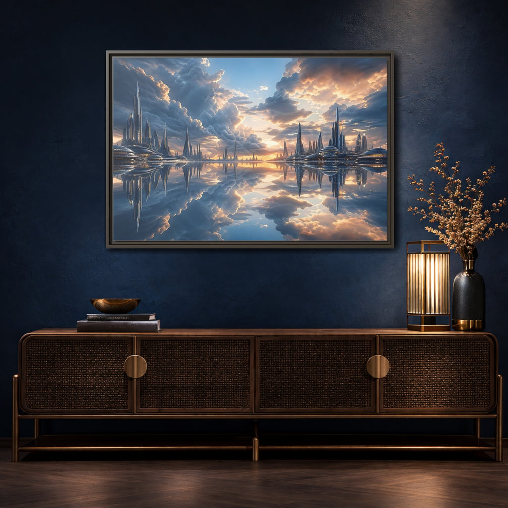 Mockup 4. Science Fiction Futuristic City Futuristic City shown as stretched canvas wall art