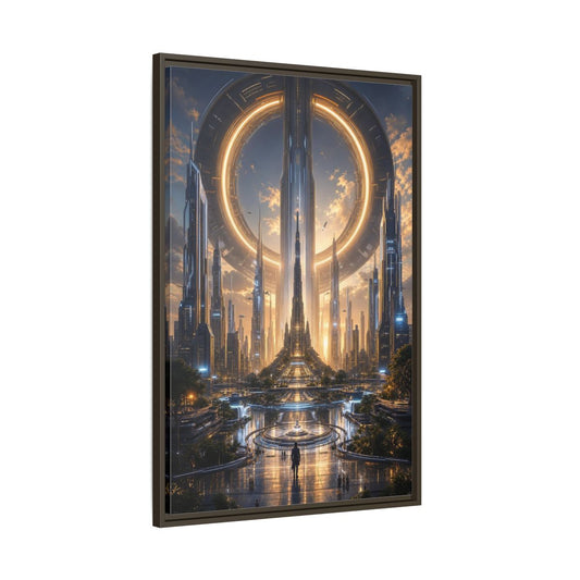 Main Mockup. Science Fiction Futuristic City Golden Future City shown as stretched canvas wall art