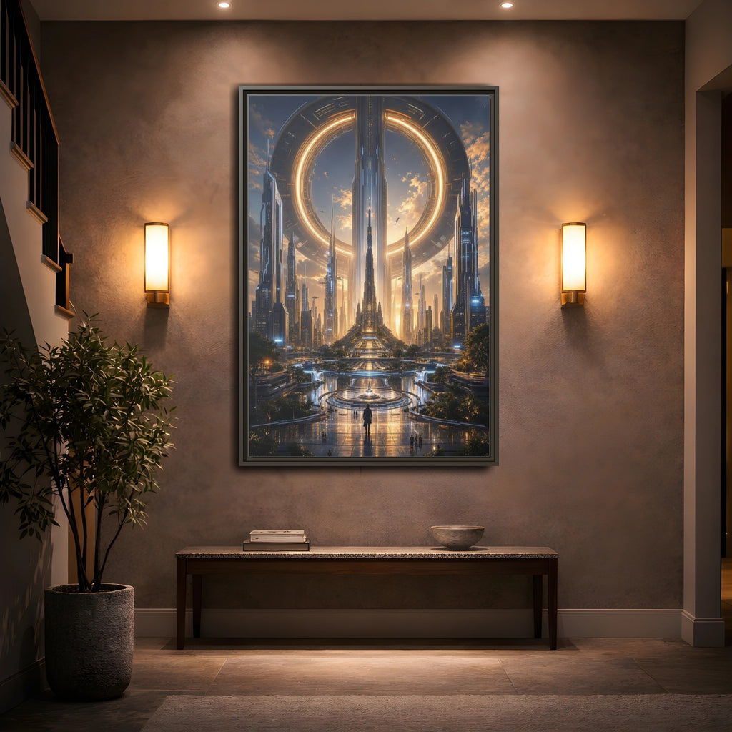 Mockup 2. Science Fiction Futuristic City Golden Future City shown as stretched canvas wall art