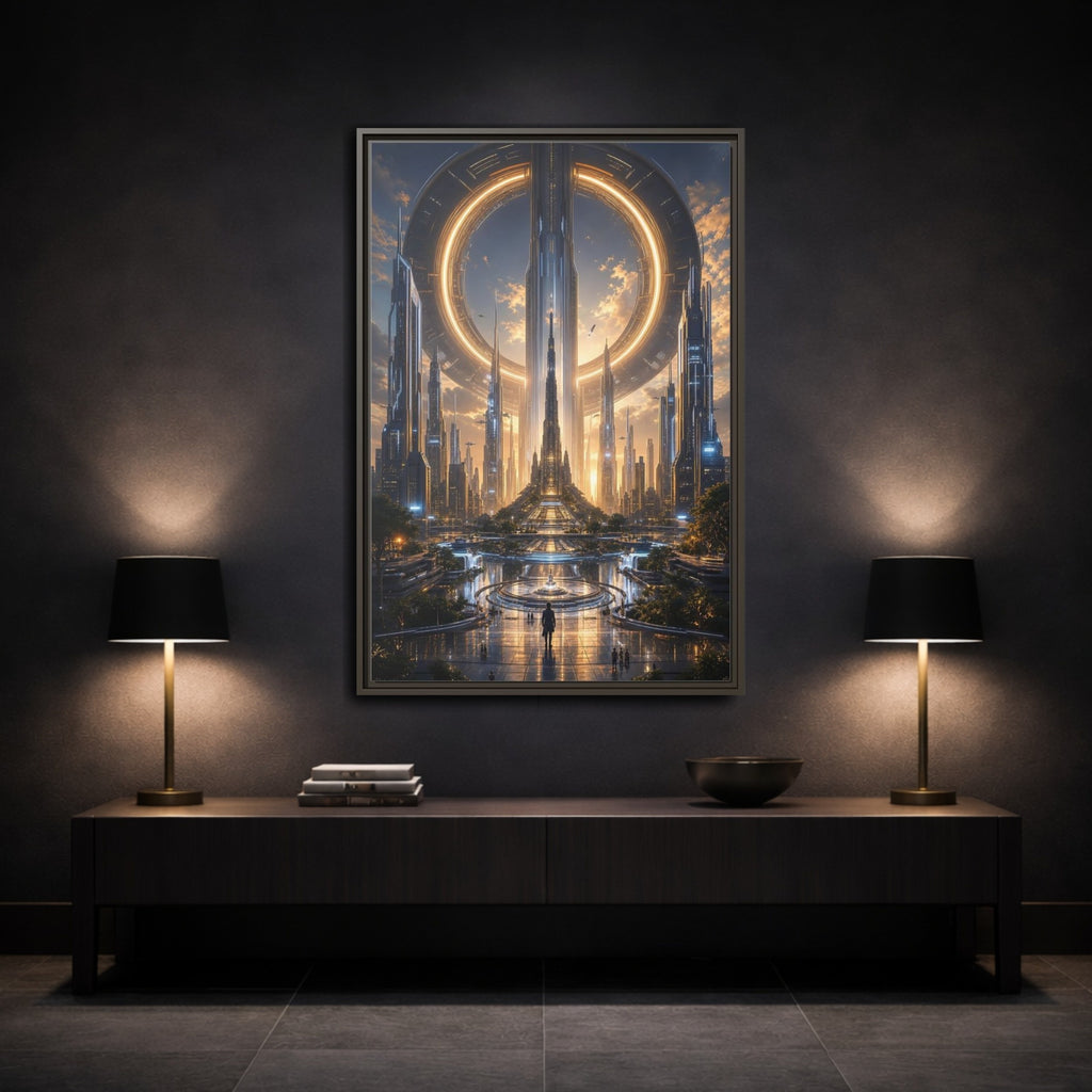 Mockup 3. Science Fiction Futuristic City Golden Future City shown as stretched canvas wall art