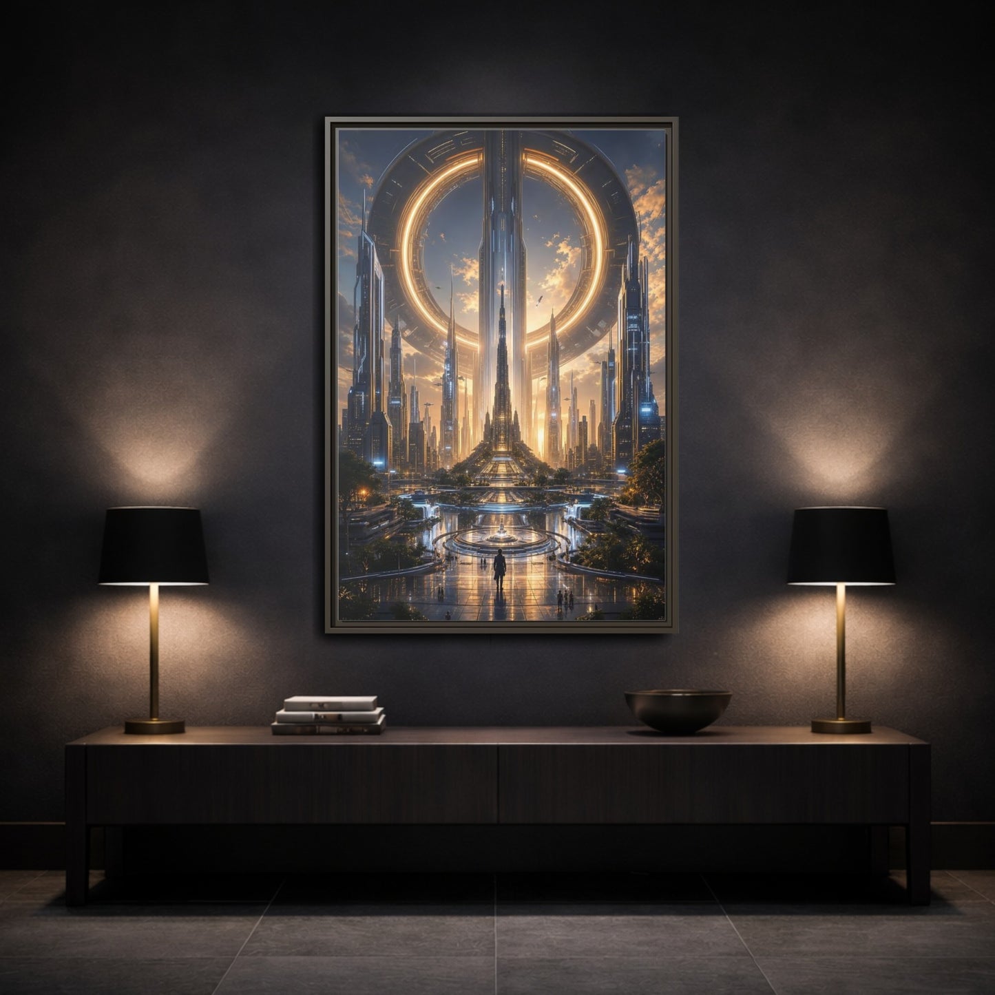Science Fiction Futuristic City Golden Future Framed Canvas Wall Art - Living Room, Above Console Table shown as canvas wall art