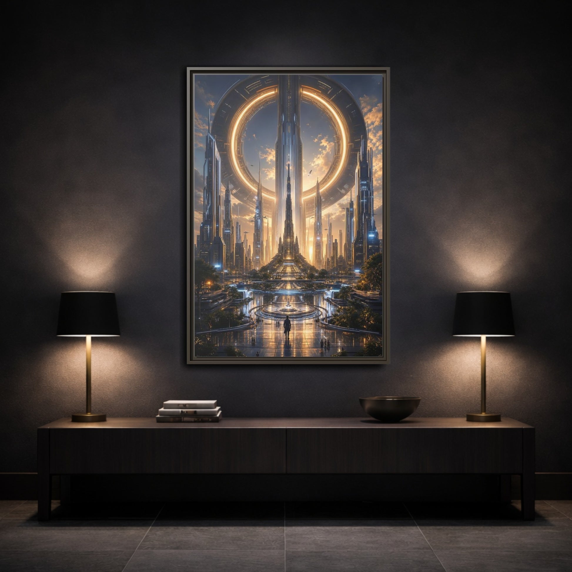 Science Fiction Futuristic City Golden Future Framed Canvas Wall Art - Living Room, Above Console Table shown as canvas wall art