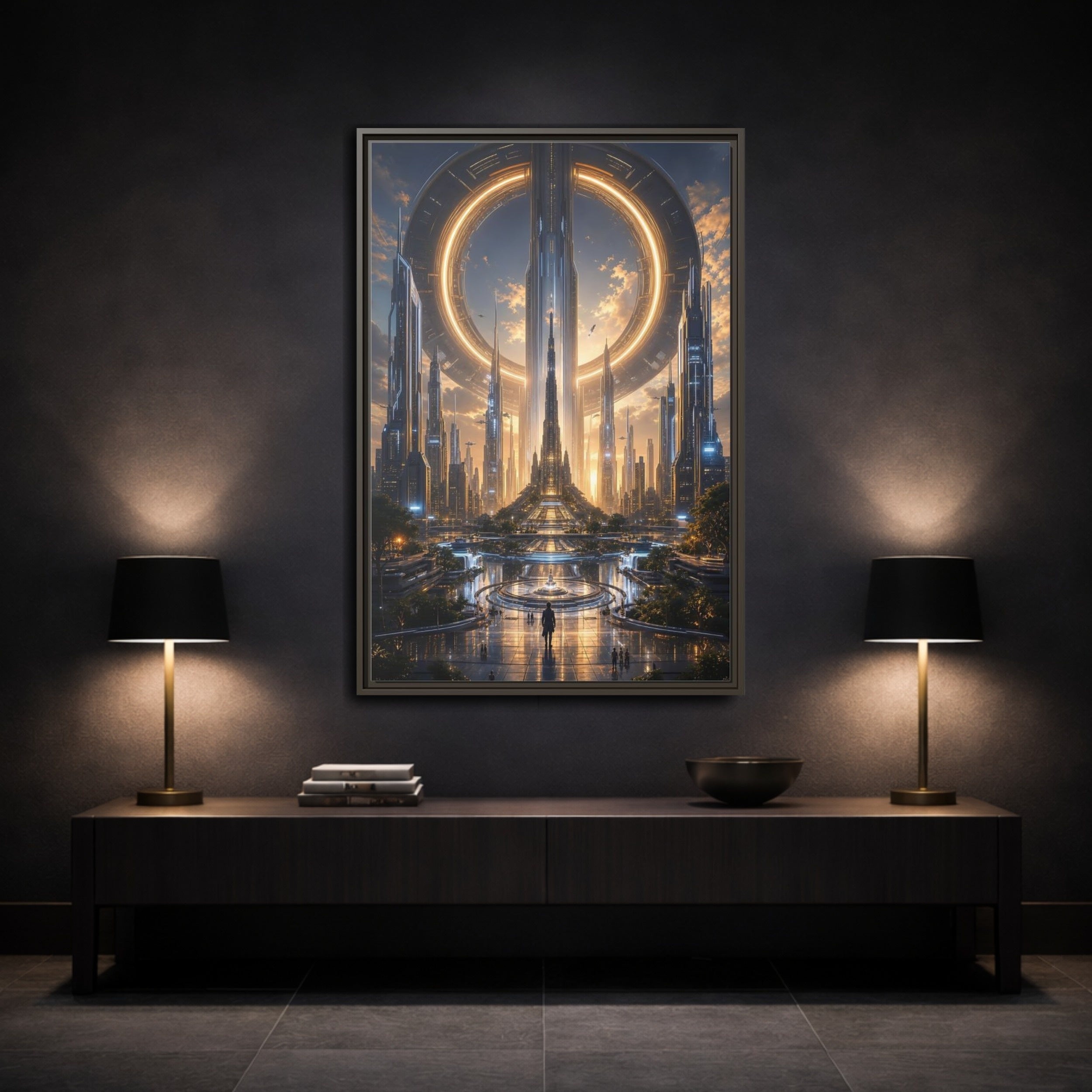 Mockup 3. Science Fiction Futuristic City Golden Future City shown as stretched canvas wall art