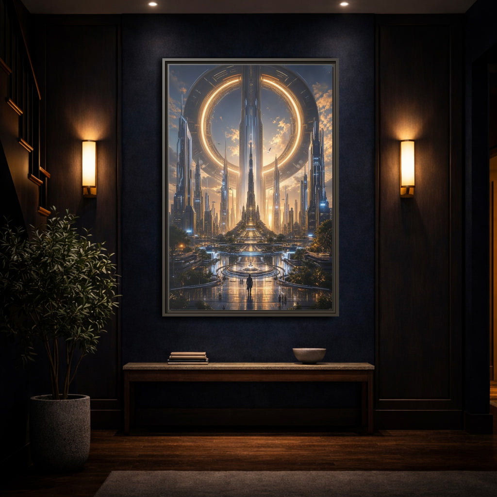 Mockup 4. Science Fiction Futuristic City Golden Future City shown as stretched canvas wall art
