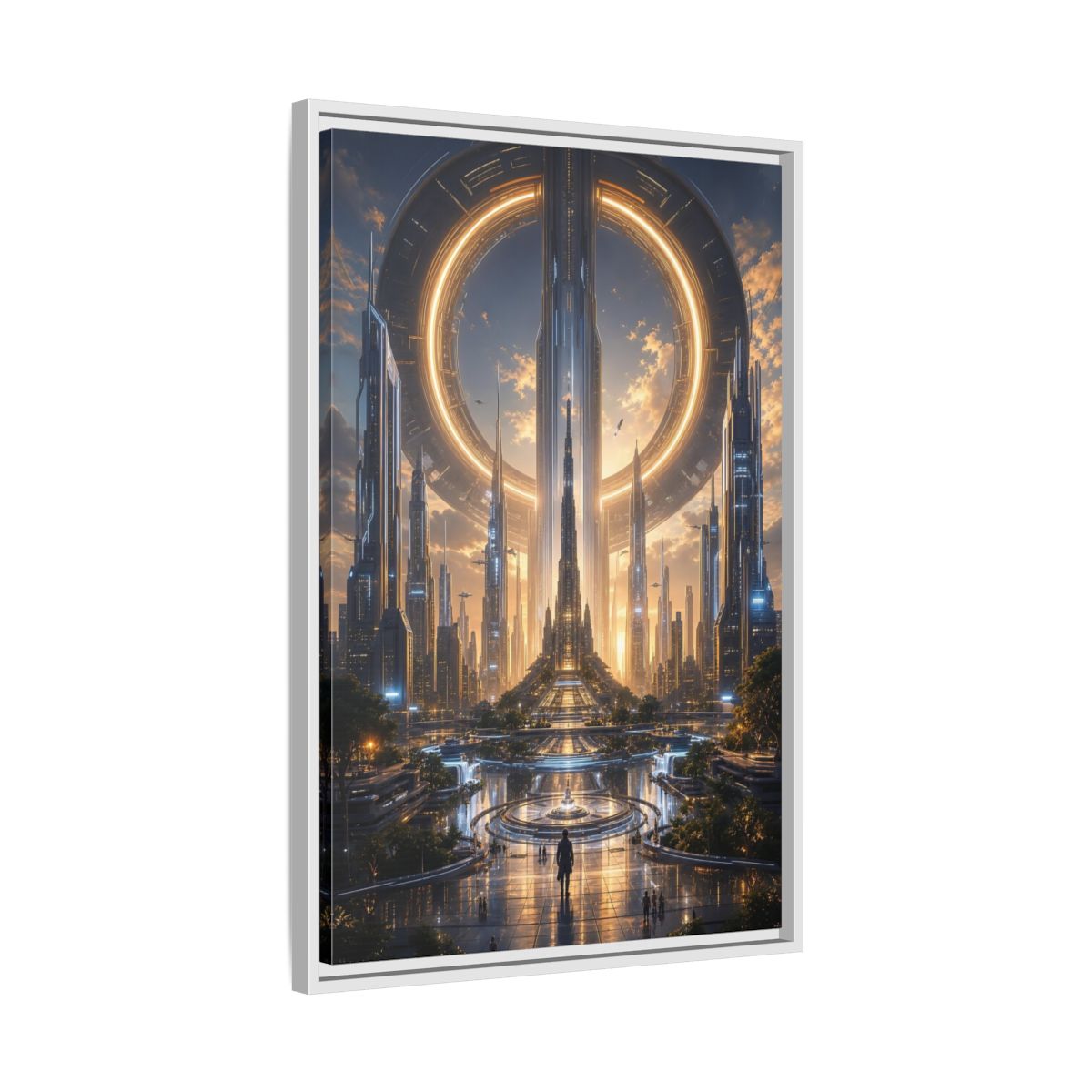 Science Fiction Futuristic City Golden Future Framed Canvas Wall Art - Living Room, Above Console Table shown as canvas wall art