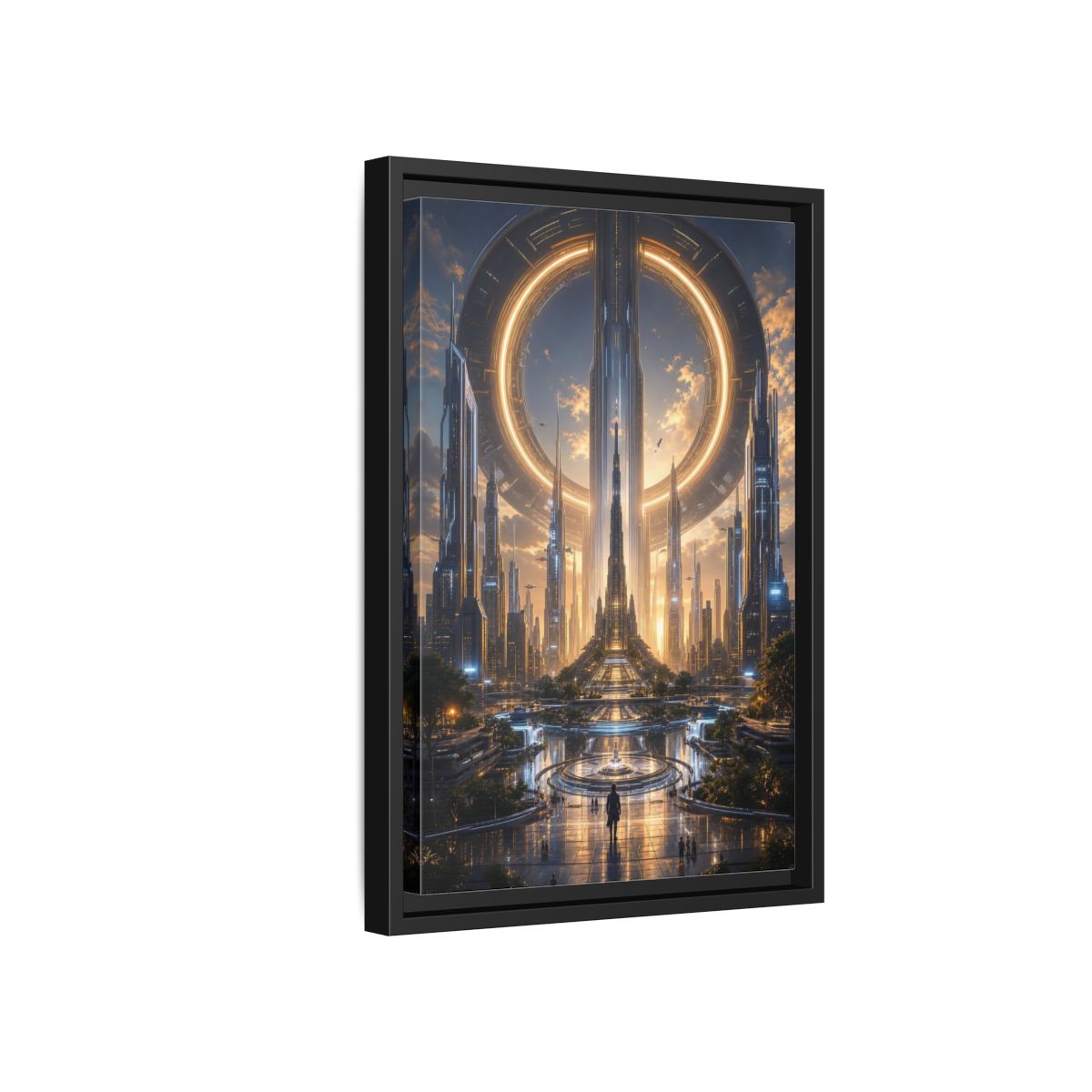 Side Mockup 6. Science Fiction Futuristic City Golden Future City shown as stretched canvas wall art