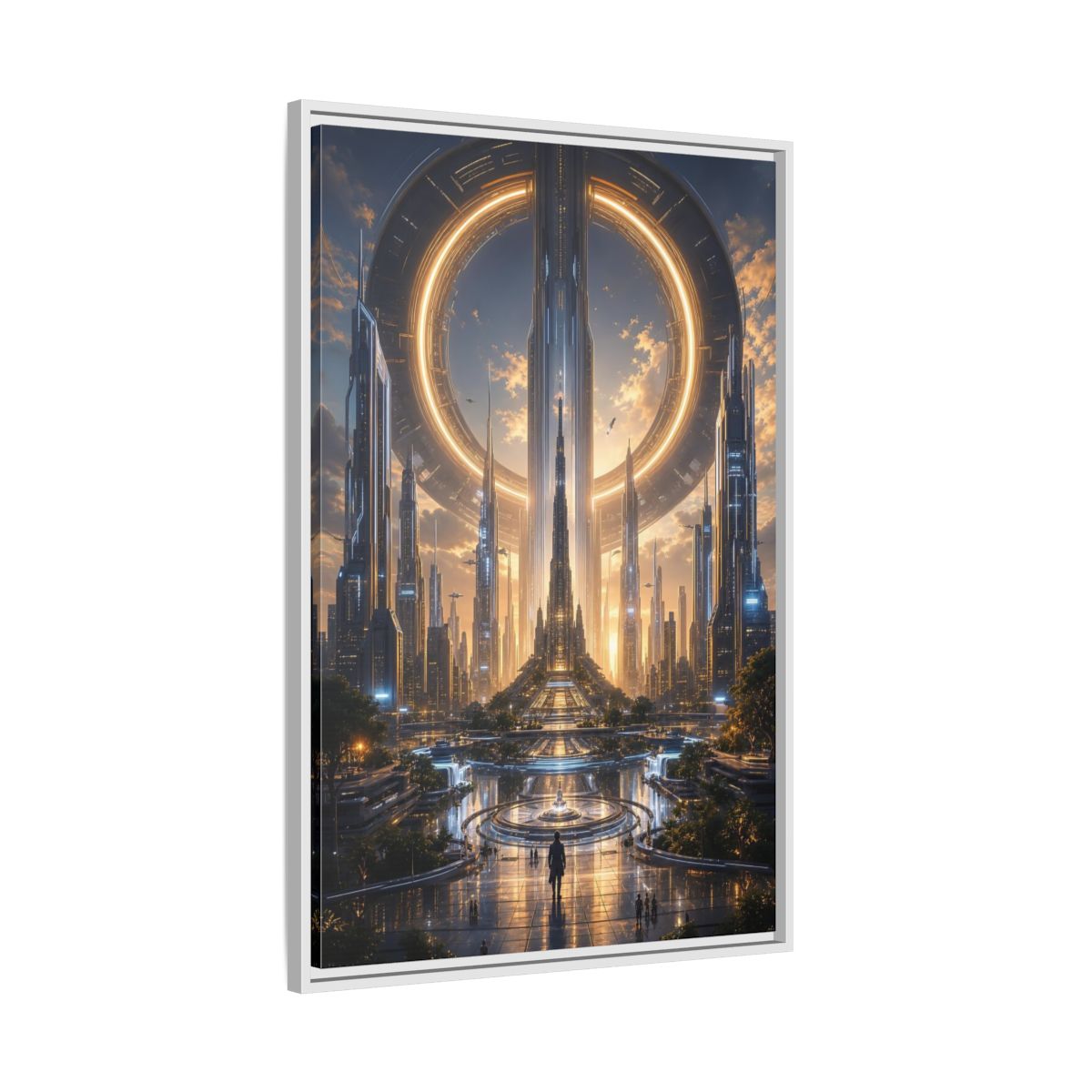 Science Fiction Futuristic City Golden Future Framed Canvas Wall Art - Living Room, Above Console Table shown as canvas wall art