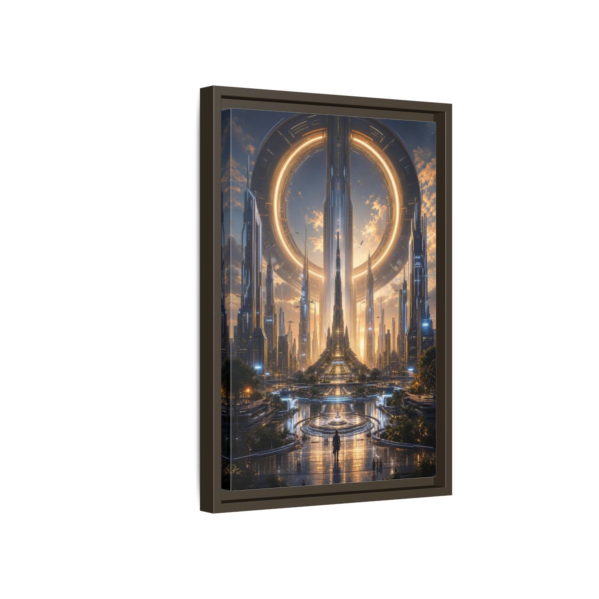 Science Fiction Futuristic City Golden Future Framed Canvas Wall Art - Living Room, Above Console Table shown as canvas wall art