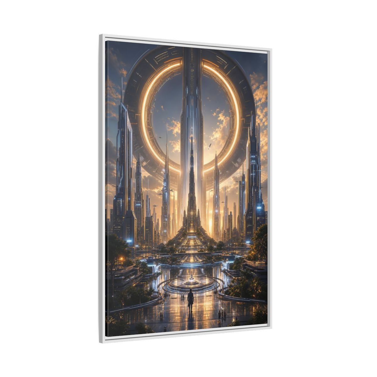 Science Fiction Futuristic City Golden Future Framed Canvas Wall Art - Living Room, Above Console Table shown as canvas wall art
