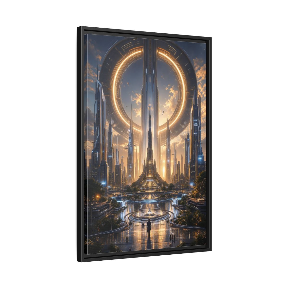 Science Fiction Futuristic City Golden Future Framed Canvas Wall Art - Living Room, Above Console Table shown as canvas wall art