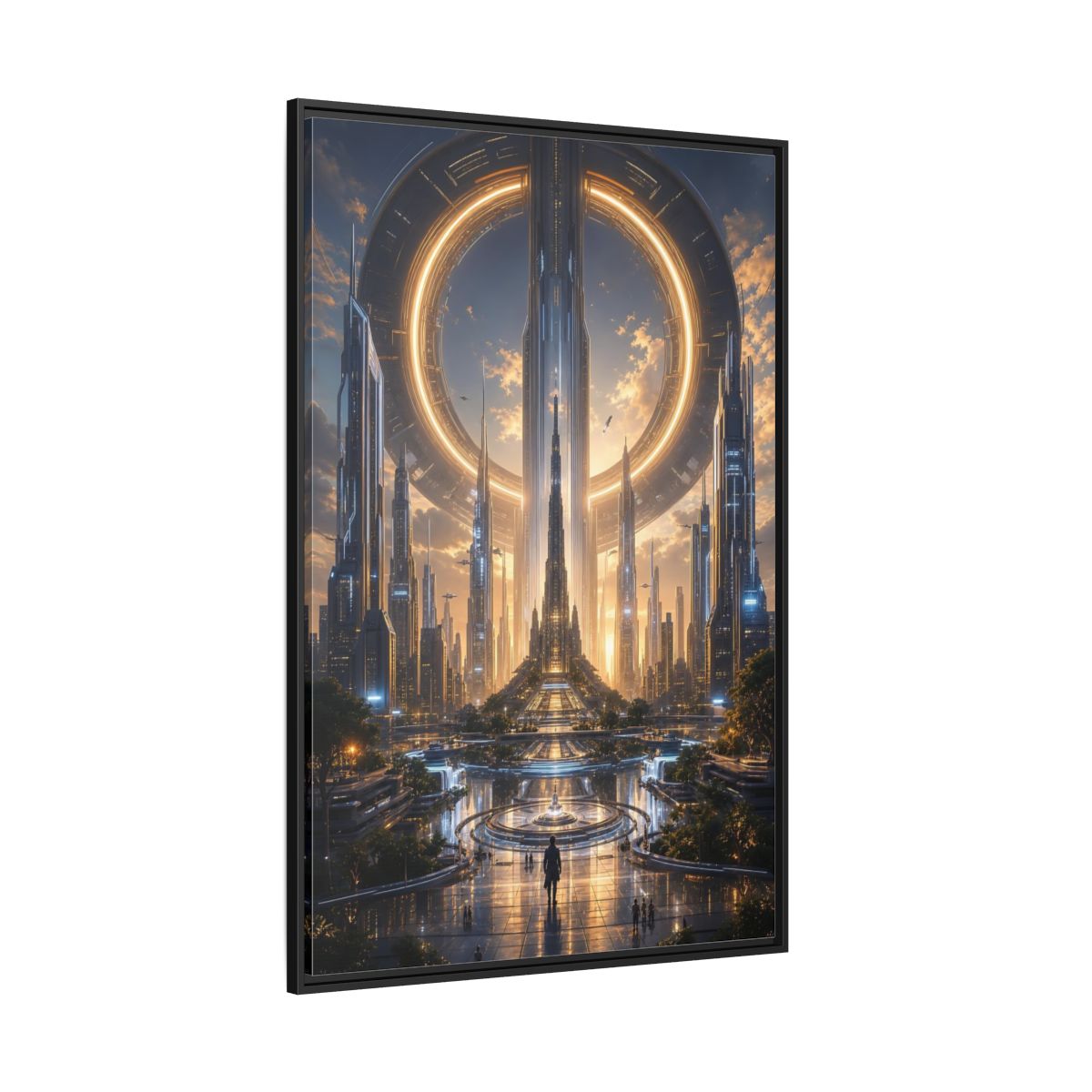 Science Fiction Futuristic City Golden Future Framed Canvas Wall Art - Living Room, Above Console Table shown as canvas wall art