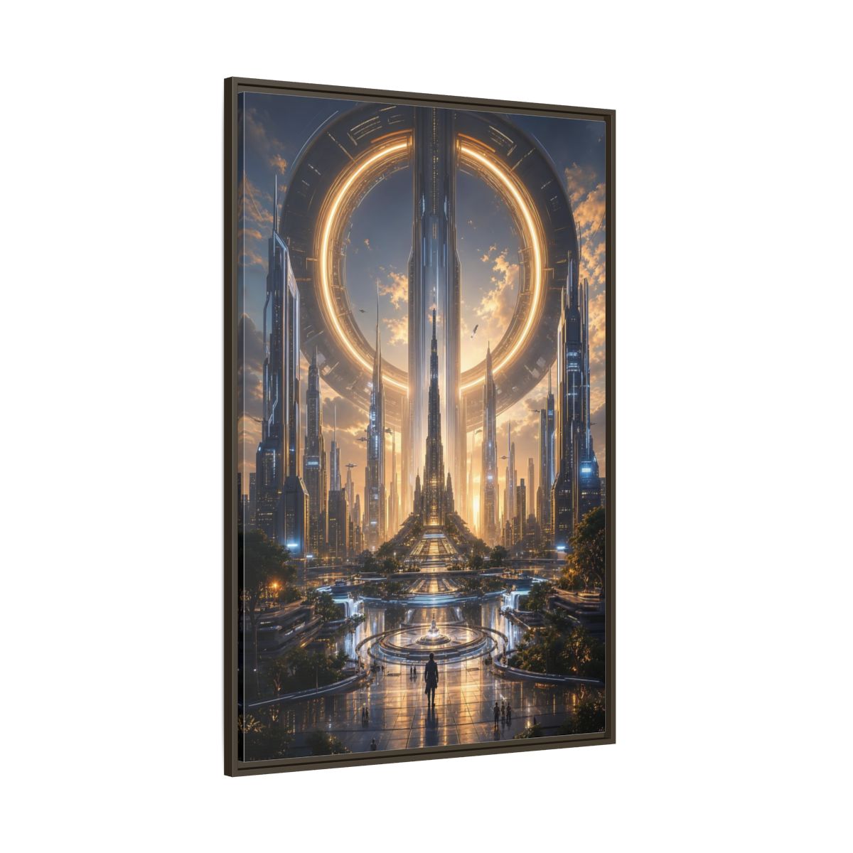 Science Fiction Futuristic City Golden Future Framed Canvas Wall Art - Living Room, Above Console Table shown as canvas wall art