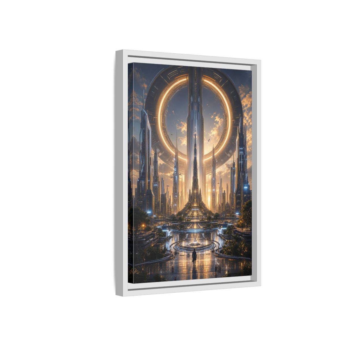 Science Fiction Futuristic City Golden Future Framed Canvas Wall Art - Living Room, Above Console Table shown as canvas wall art