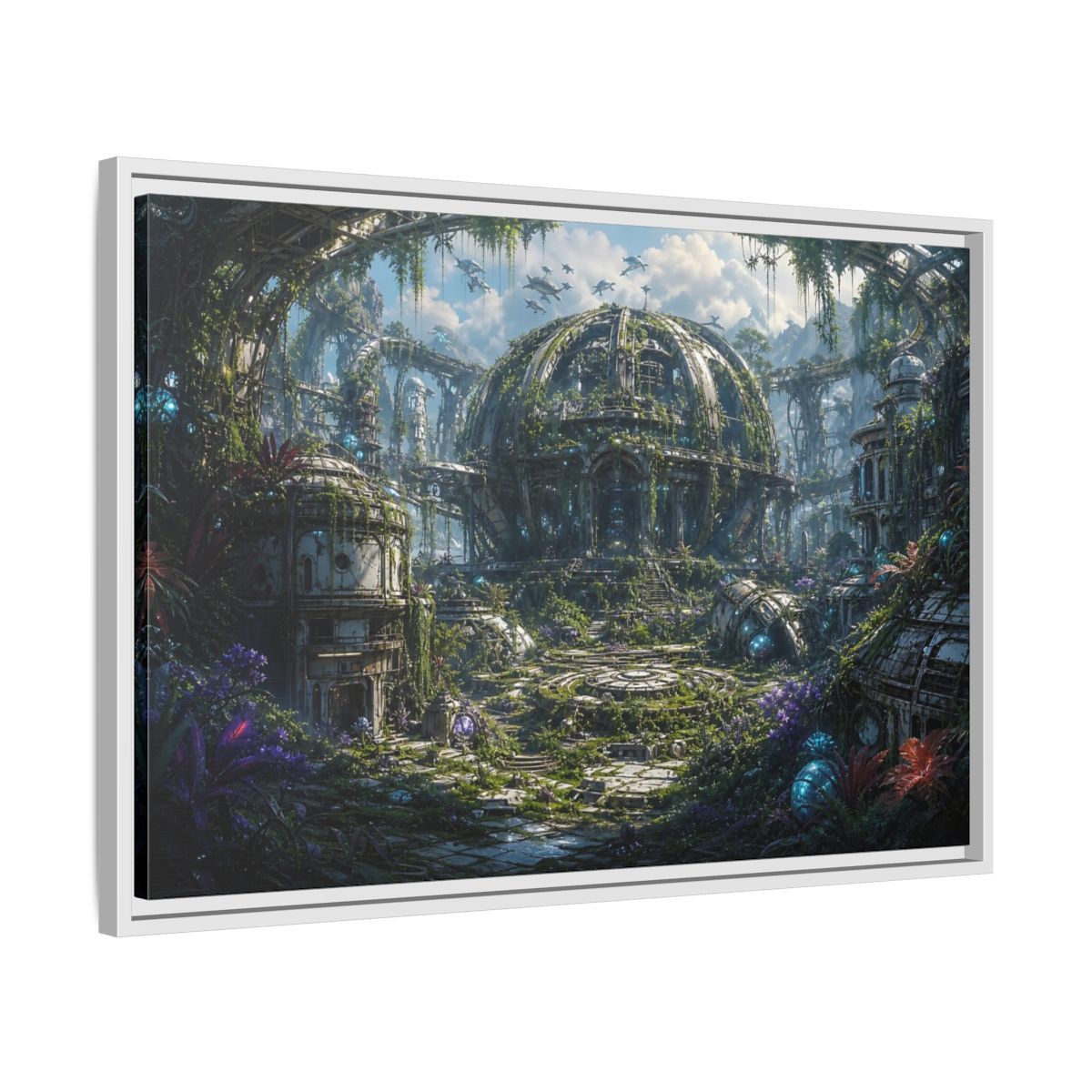 Side Mockup 10. Science Fiction Futuristic City Green And Grey City shown as stretched canvas wall art