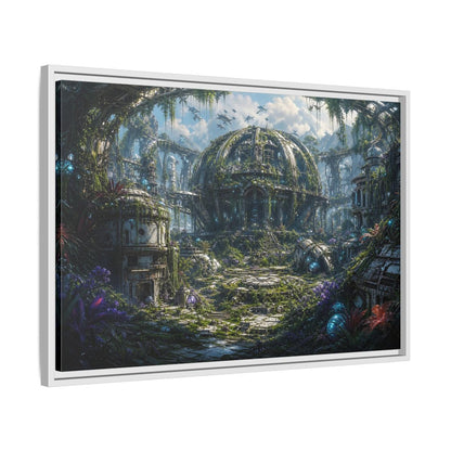 Side Mockup 10. Science Fiction Futuristic City Green And Grey City shown as stretched canvas wall art
