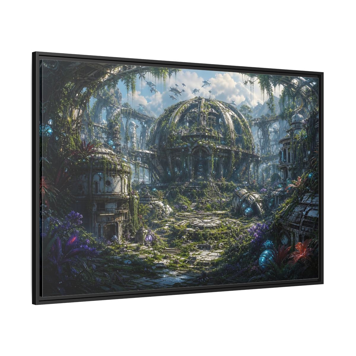 Side Mockup 12. Science Fiction Futuristic City Green And Grey City shown as stretched canvas wall art