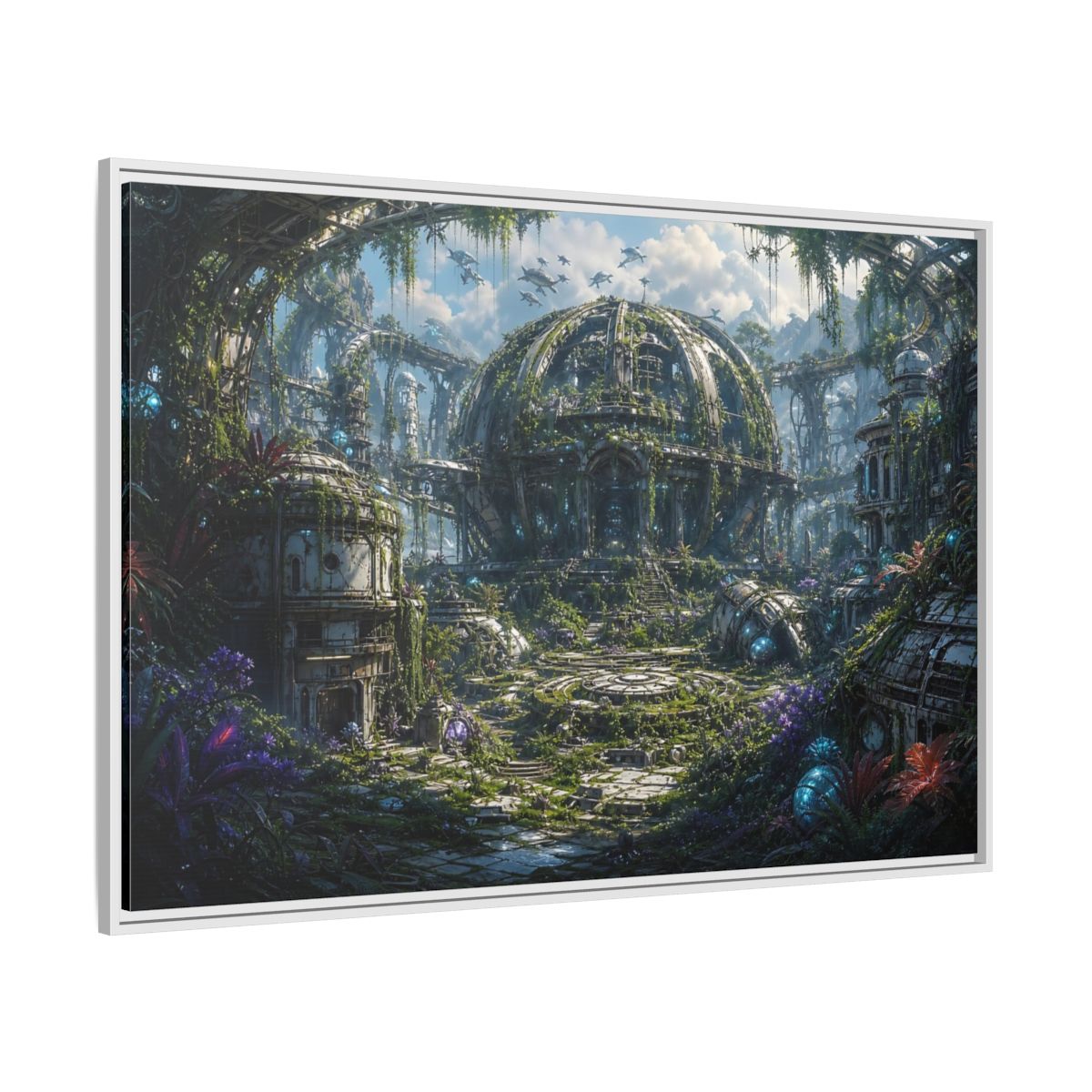 Side Mockup 7. Science Fiction Futuristic City Green And Grey City shown as stretched canvas wall art