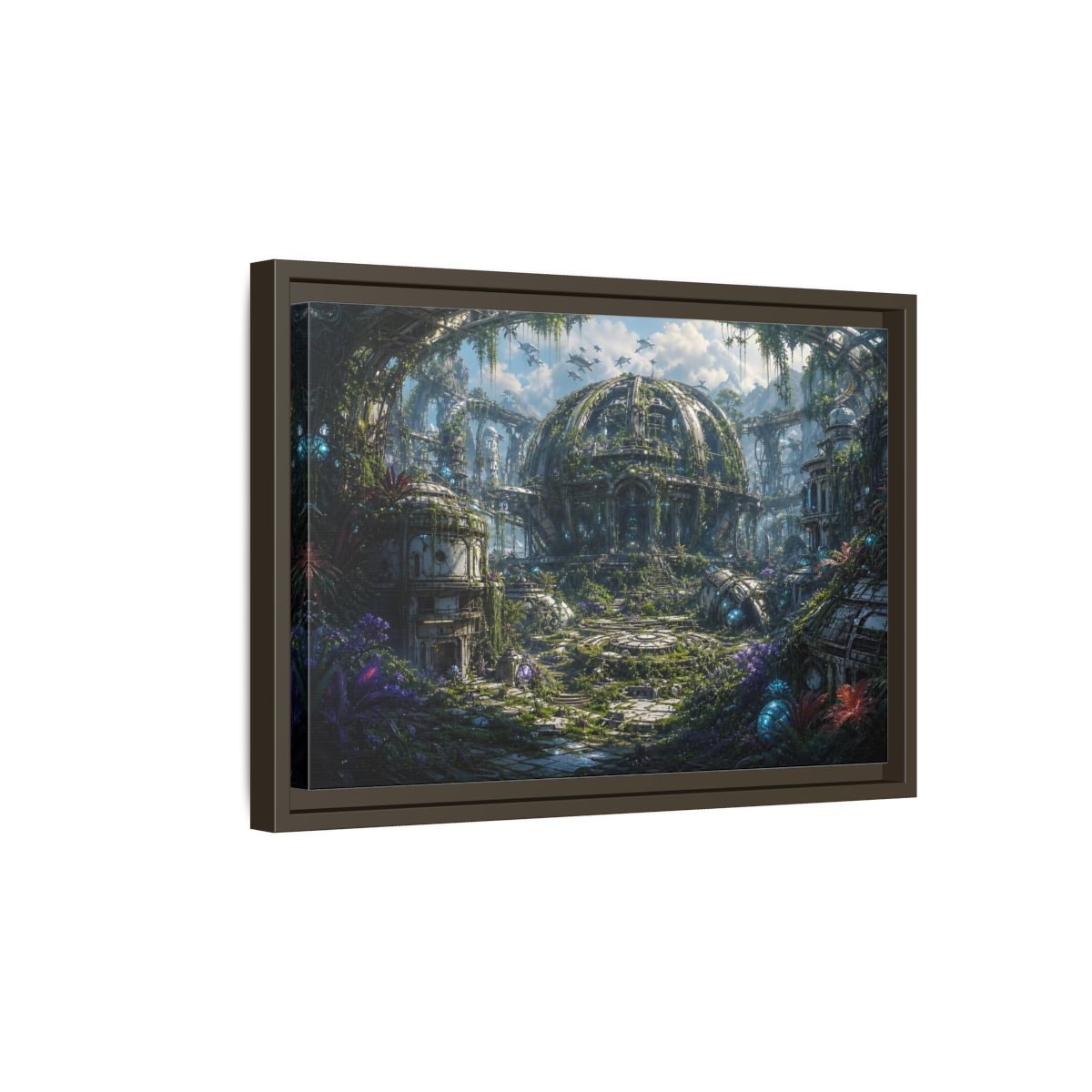 Side Mockup 5. Science Fiction Futuristic City Green And Grey City shown as stretched canvas wall art