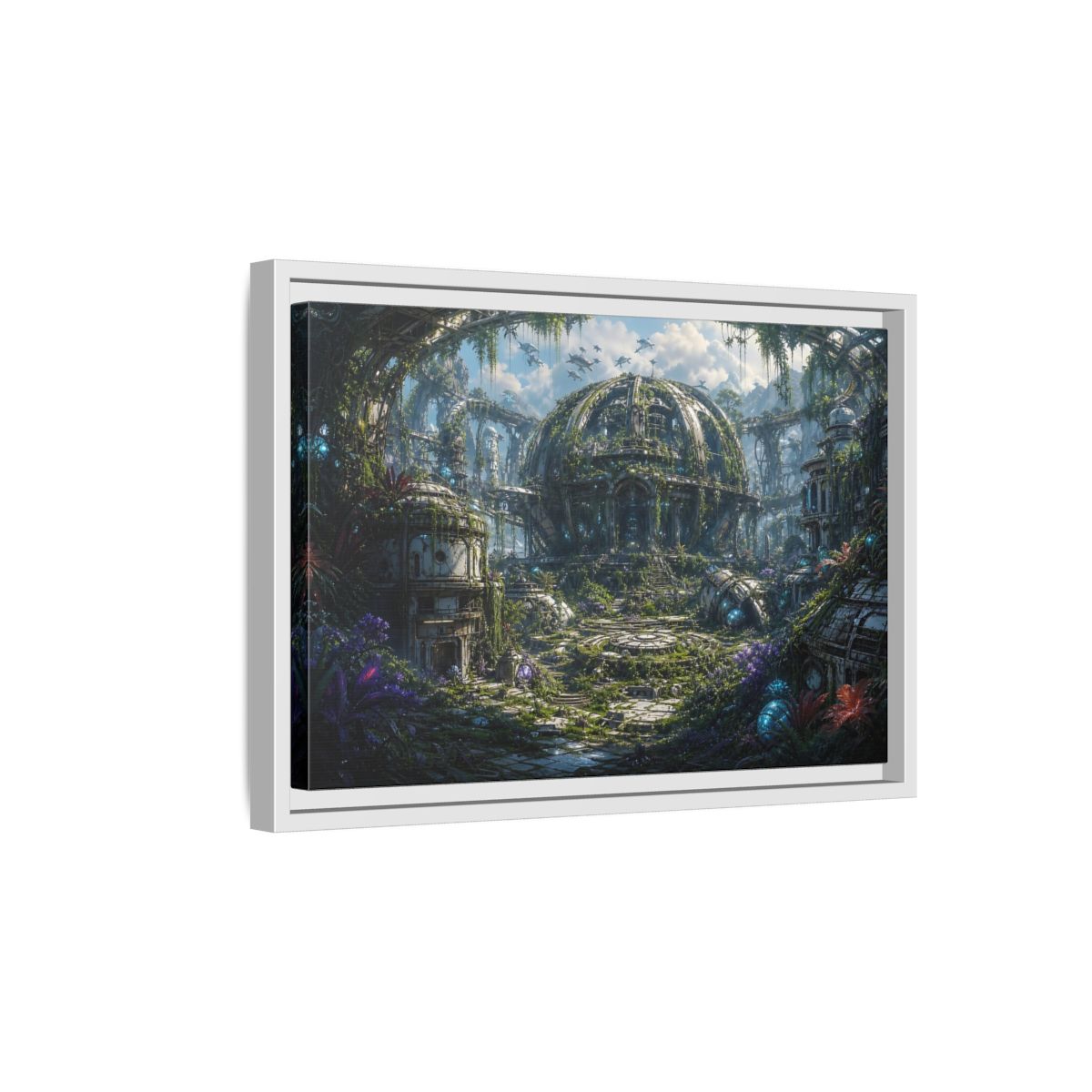 Side Mockup 4. Science Fiction Futuristic City Green And Grey City shown as stretched canvas wall art