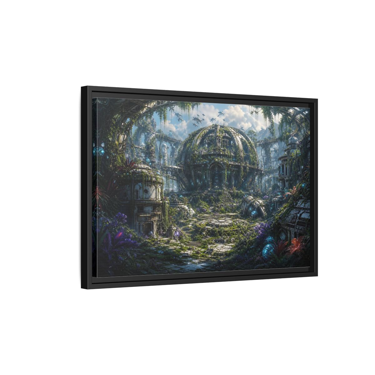 Side Mockup 3. Science Fiction Futuristic City Green And Grey City shown as stretched canvas wall art
