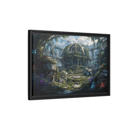 Side Mockup 3. Science Fiction Futuristic City Green And Grey City shown as stretched canvas wall art