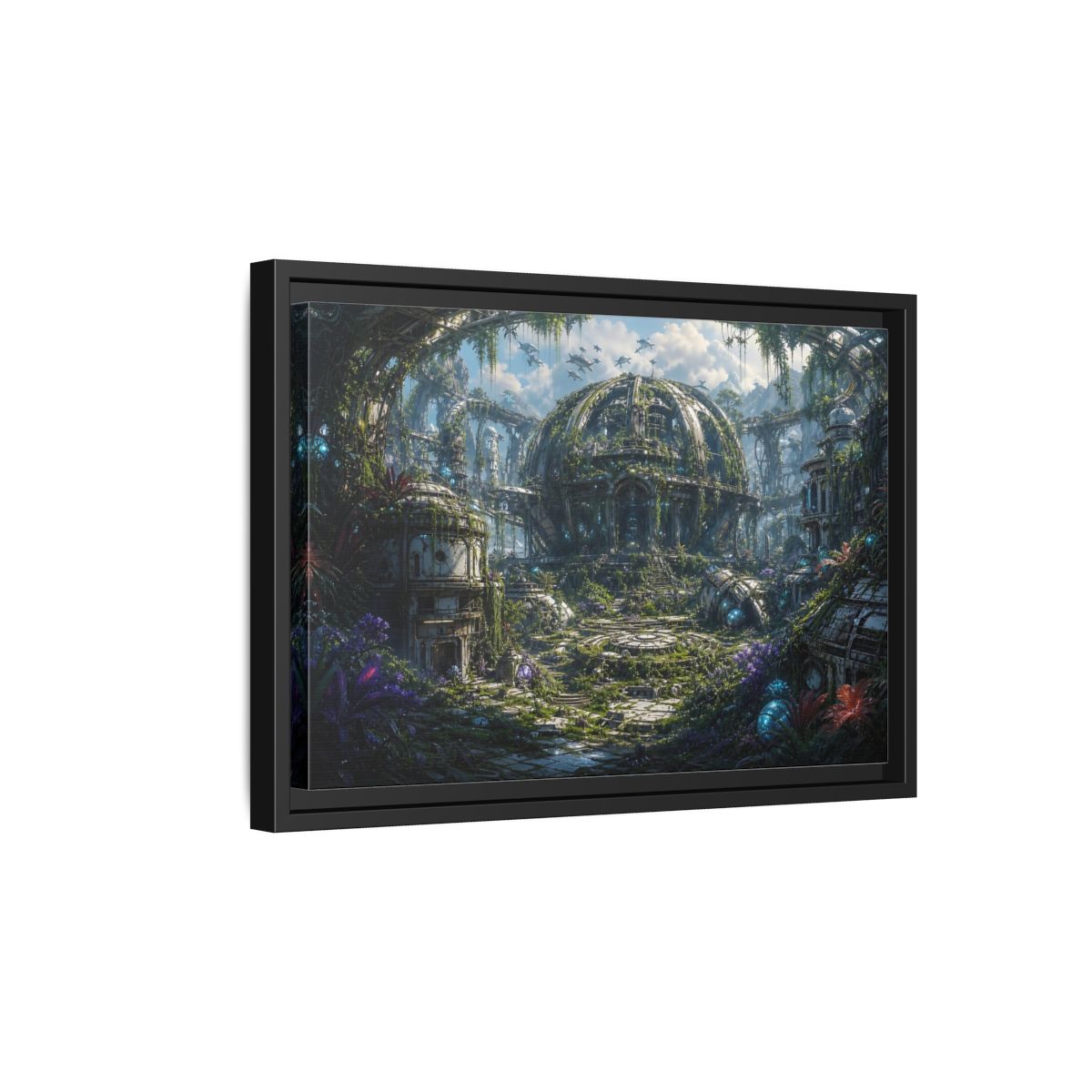 Side Mockup 6. Science Fiction Futuristic City Green And Grey City shown as stretched canvas wall art