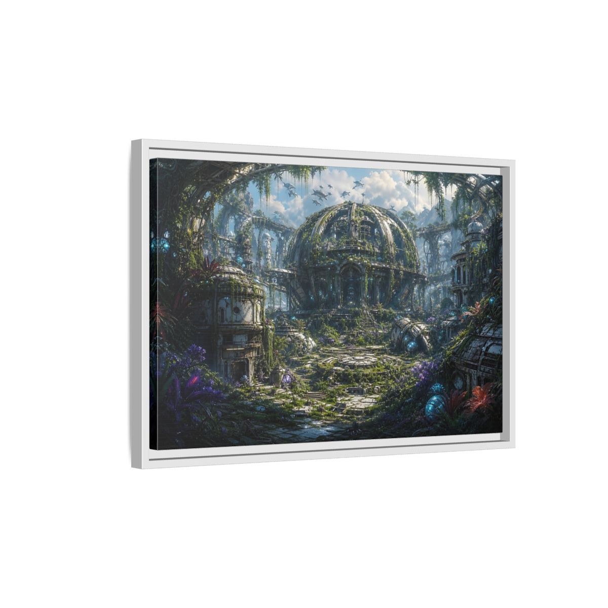 Side Mockup 1. Science Fiction Futuristic City Green And Grey City shown as stretched canvas wall art