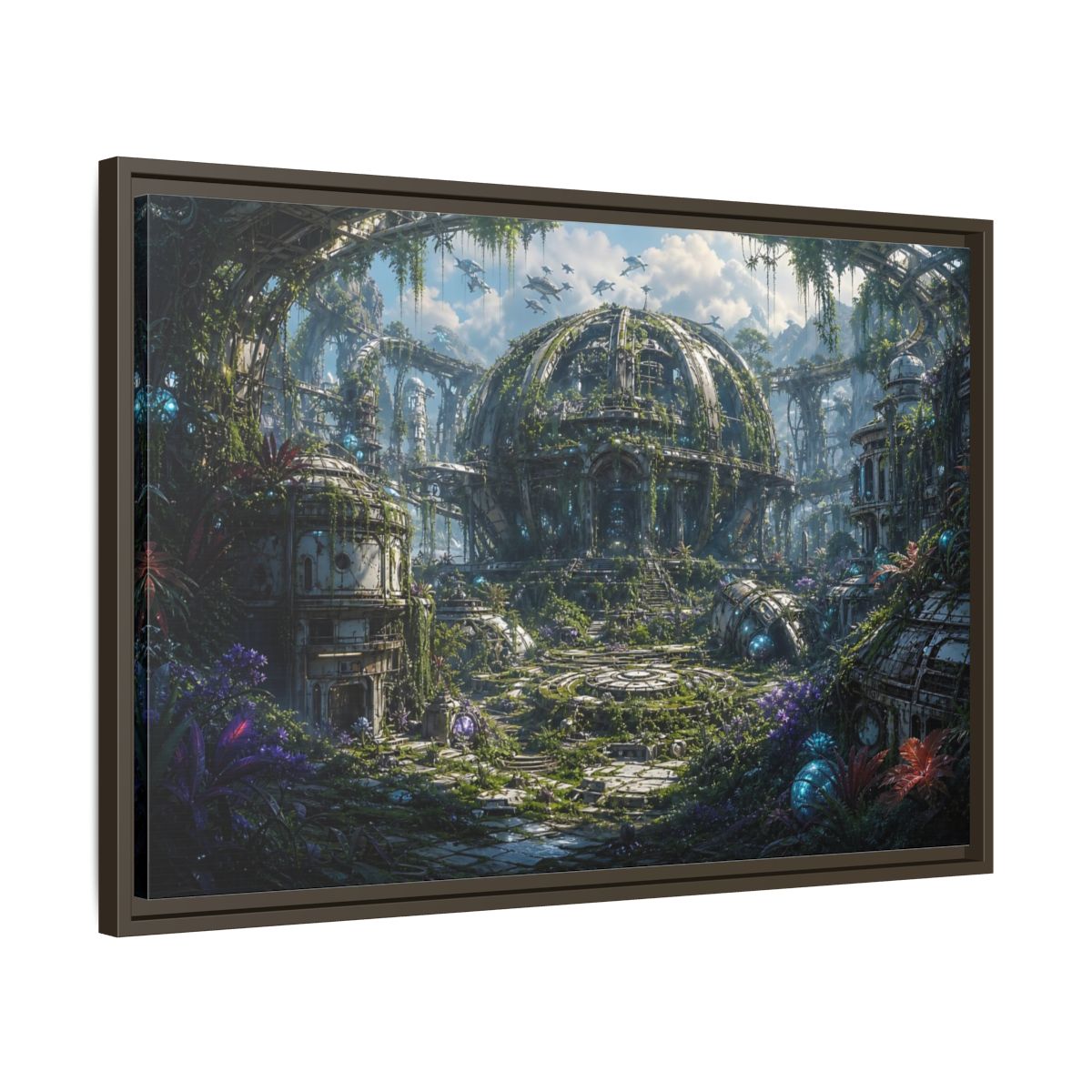 Side Mockup 11. Science Fiction Futuristic City Green And Grey City shown as stretched canvas wall art