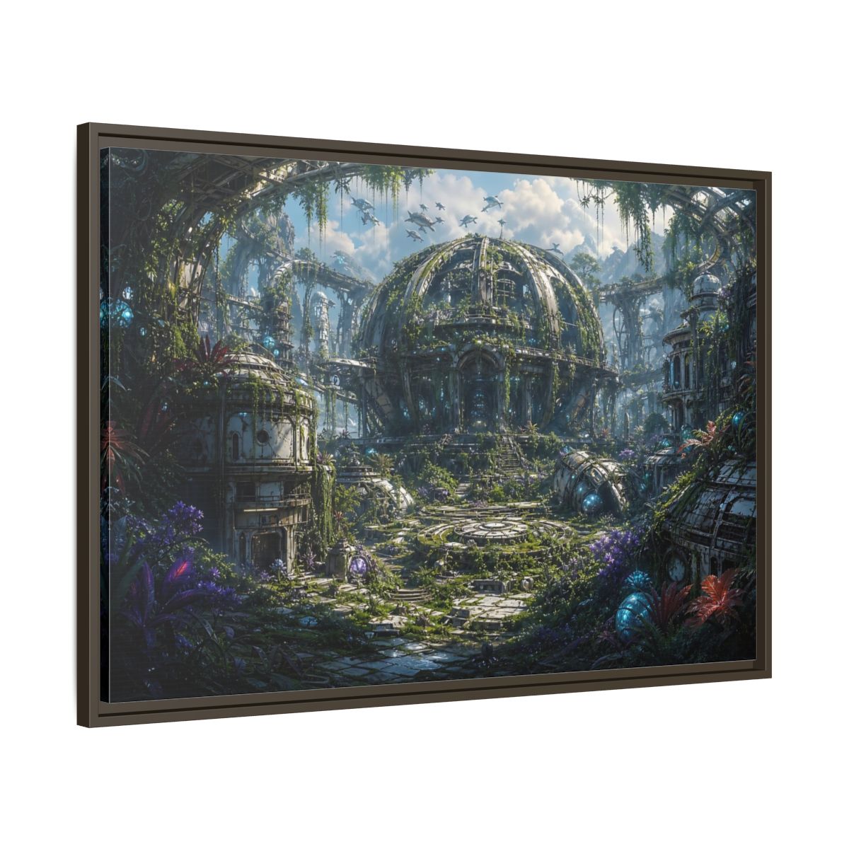 Main Mockup. Science Fiction Futuristic City Green And Grey City shown as stretched canvas wall art