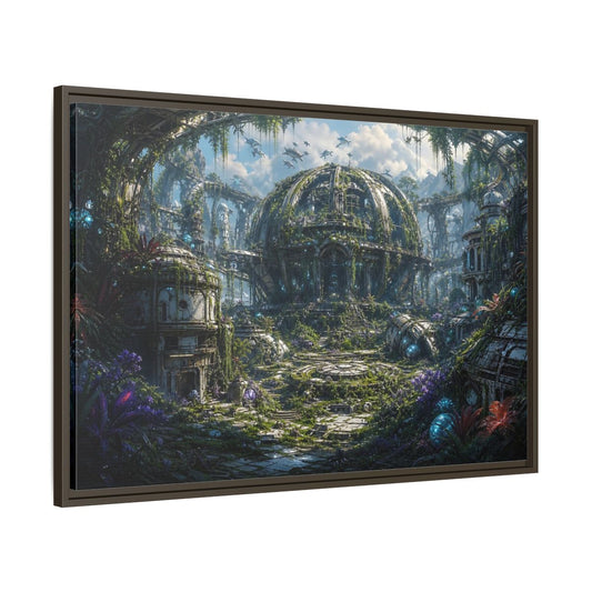 Main Mockup. Science Fiction Futuristic City Green And Grey City shown as stretched canvas wall art