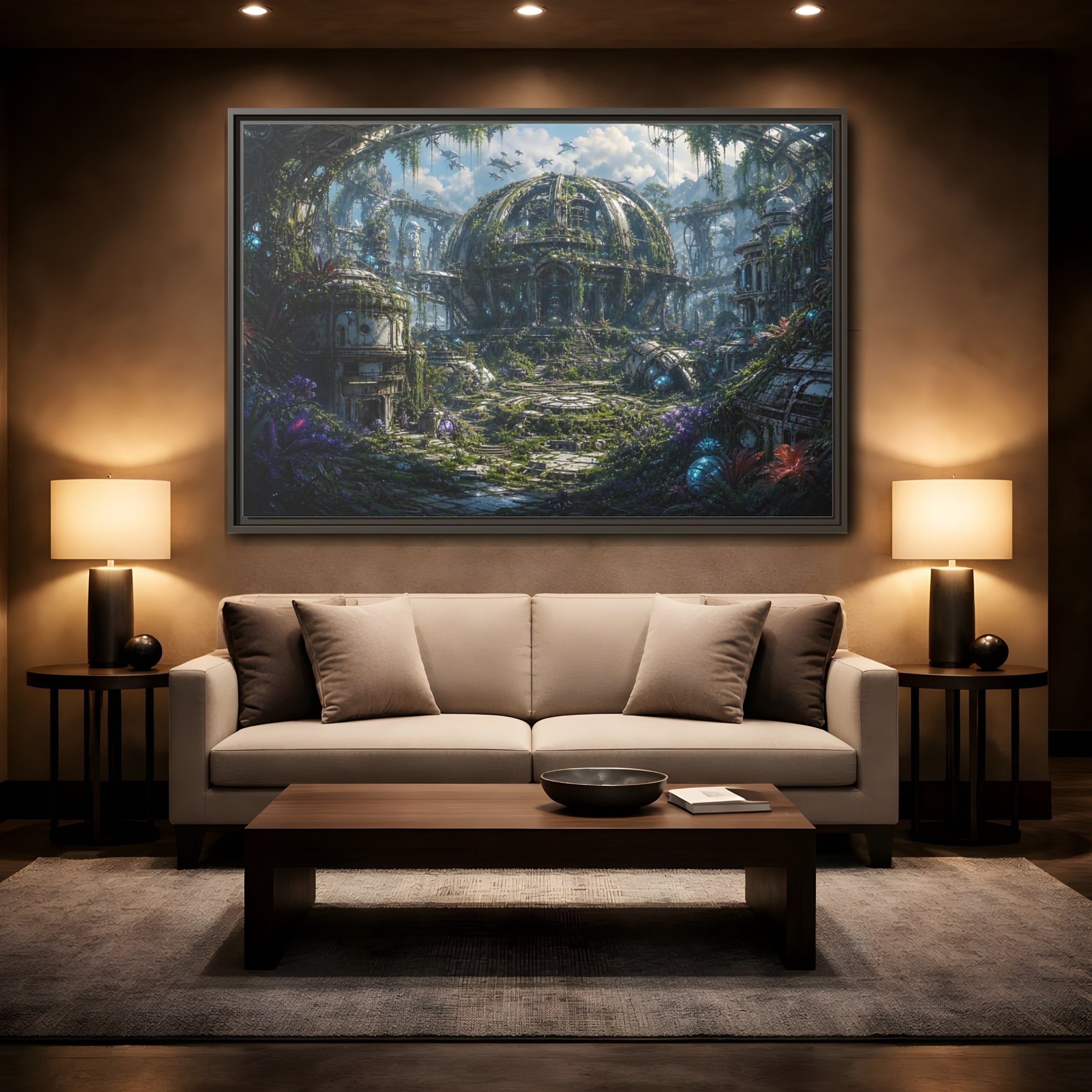 Mockup 2. Science Fiction Futuristic City Green And Grey City shown as stretched canvas wall art