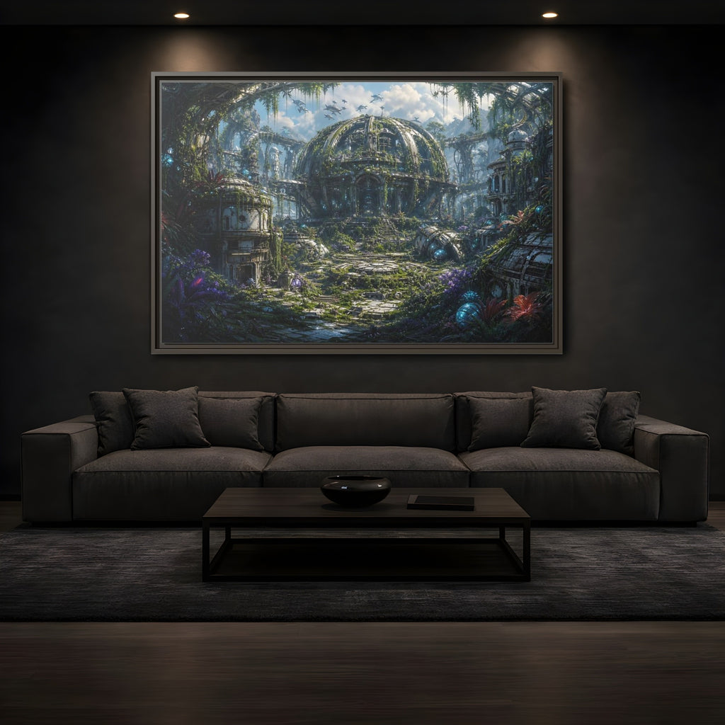 Mockup 3. Science Fiction Futuristic City Green And Grey City shown as stretched canvas wall art