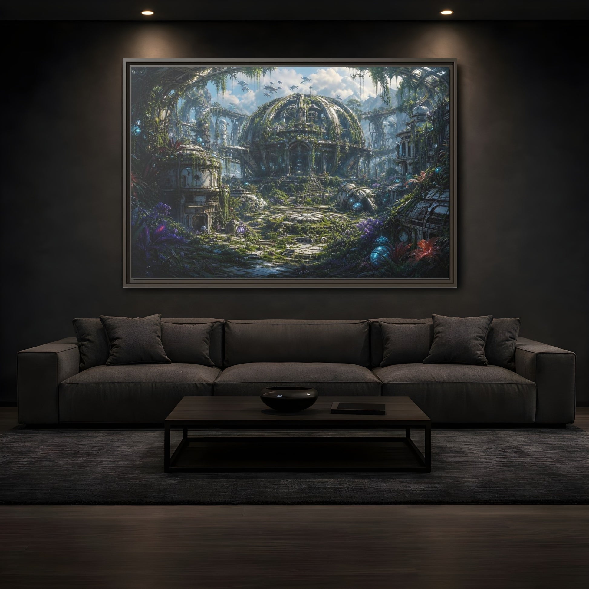 Mockup 3. Science Fiction Futuristic City Green And Grey City shown as stretched canvas wall art