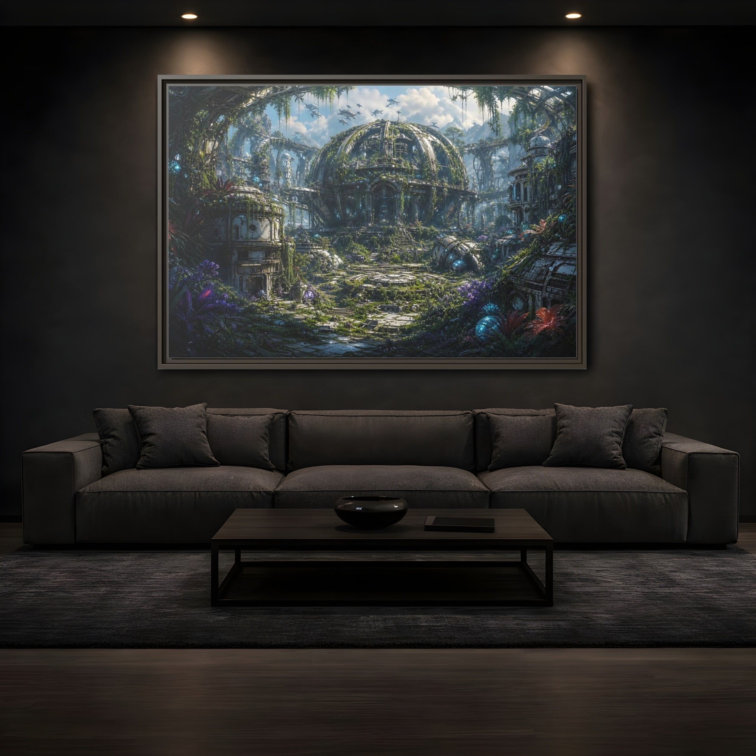 Mockup 3. Science Fiction Futuristic City Green And Grey City shown as stretched canvas wall art