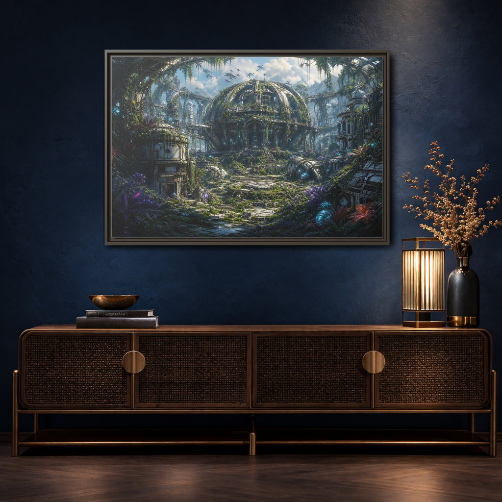 Mockup 4. Science Fiction Futuristic City Green And Grey City shown as stretched canvas wall art