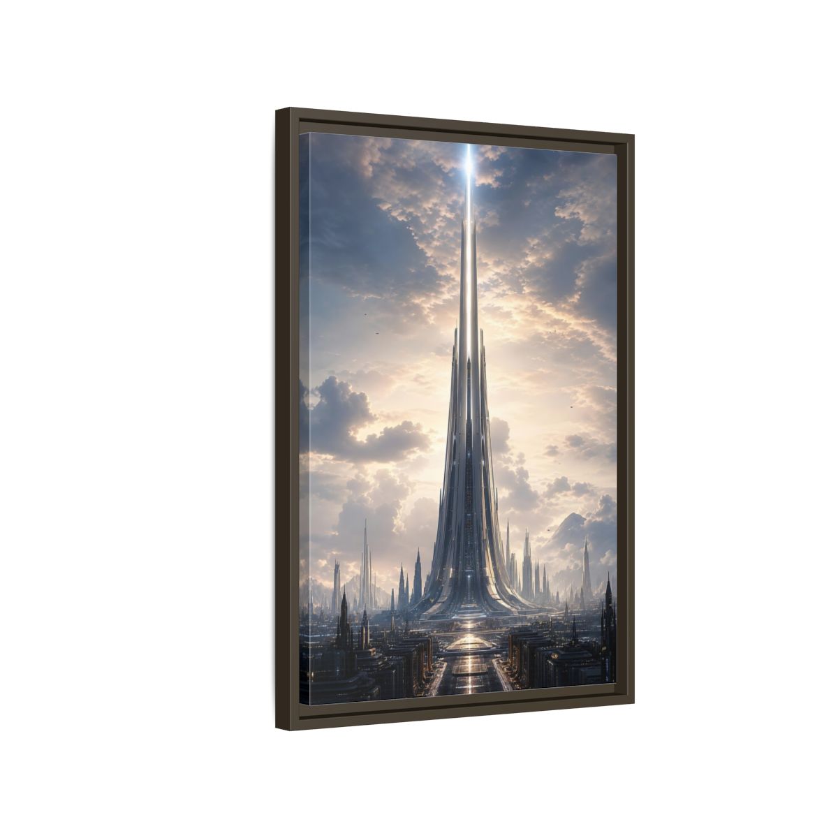 Science Fiction Futuristic Cityscape Framed Canvas Wall Art - Living Room, Above Fireplace shown as canvas wall art