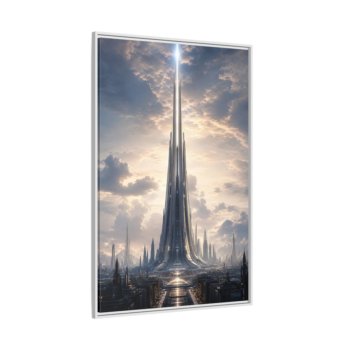 Science Fiction Futuristic Cityscape Framed Canvas Wall Art - Living Room, Above Fireplace shown as canvas wall art